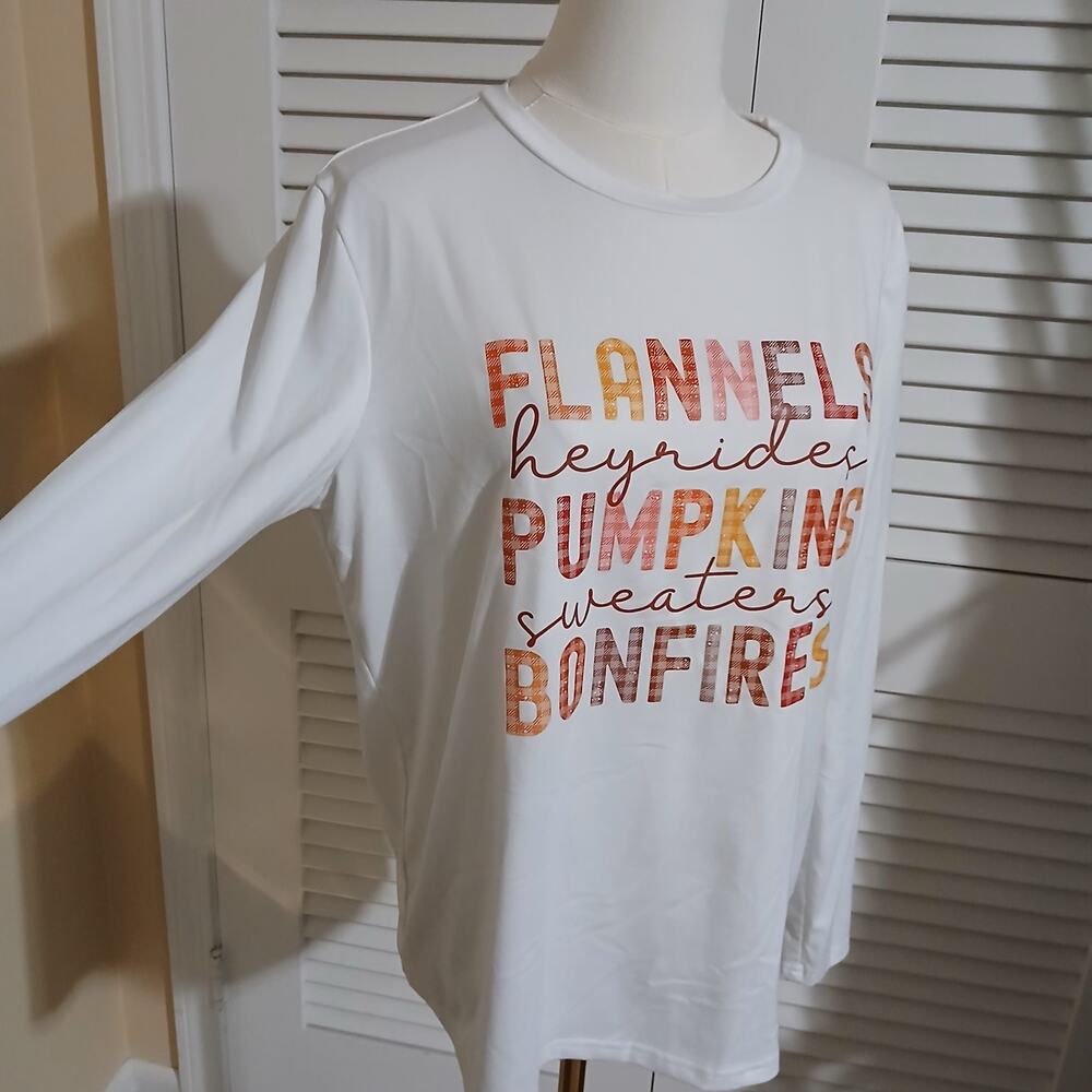 Shein Women's Medium Cream Long-Sleeved Fall-Themed Teeshirt Top